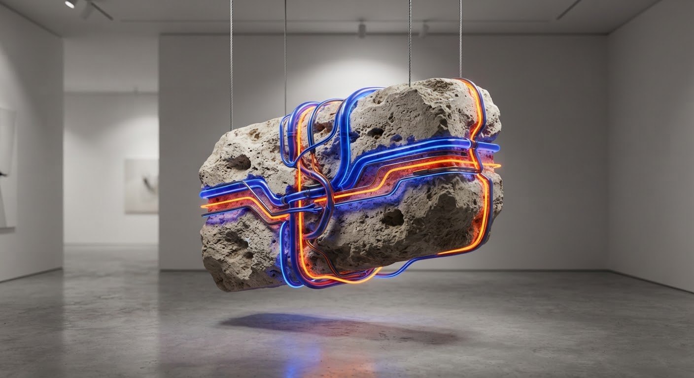 A limestone block wrapped in blue and orange conduits: the made.mt studio illustration